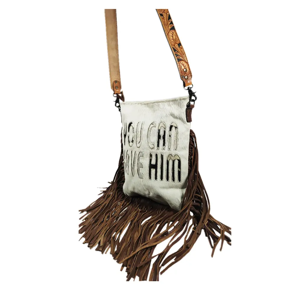 American Darling Cross Body Bag Hair-On Cowhide With Fringes And Hand Tooled Strap Vegetable Tanned Leather 14In (H) X 12In (W) 1