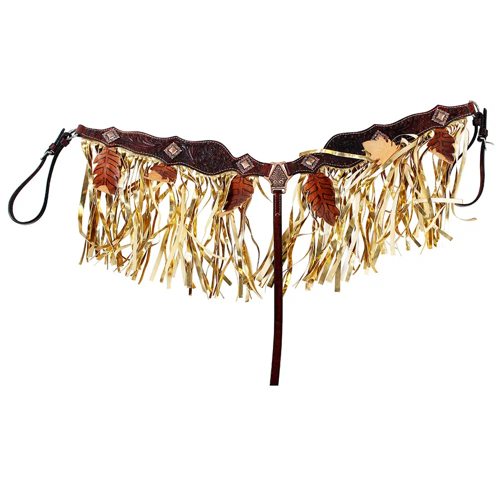 Hilason Western Horse Hand Tooled Genuine Leather Breast Collar Brown With Fringes 1