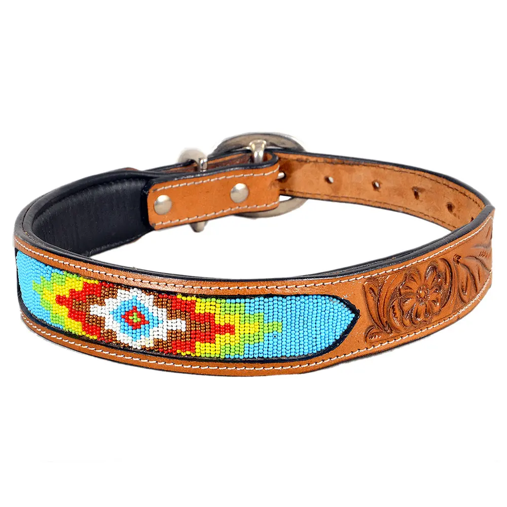 Hilason Western Style Beaded Hand Tooled American Leather Pet Dog Collar 1