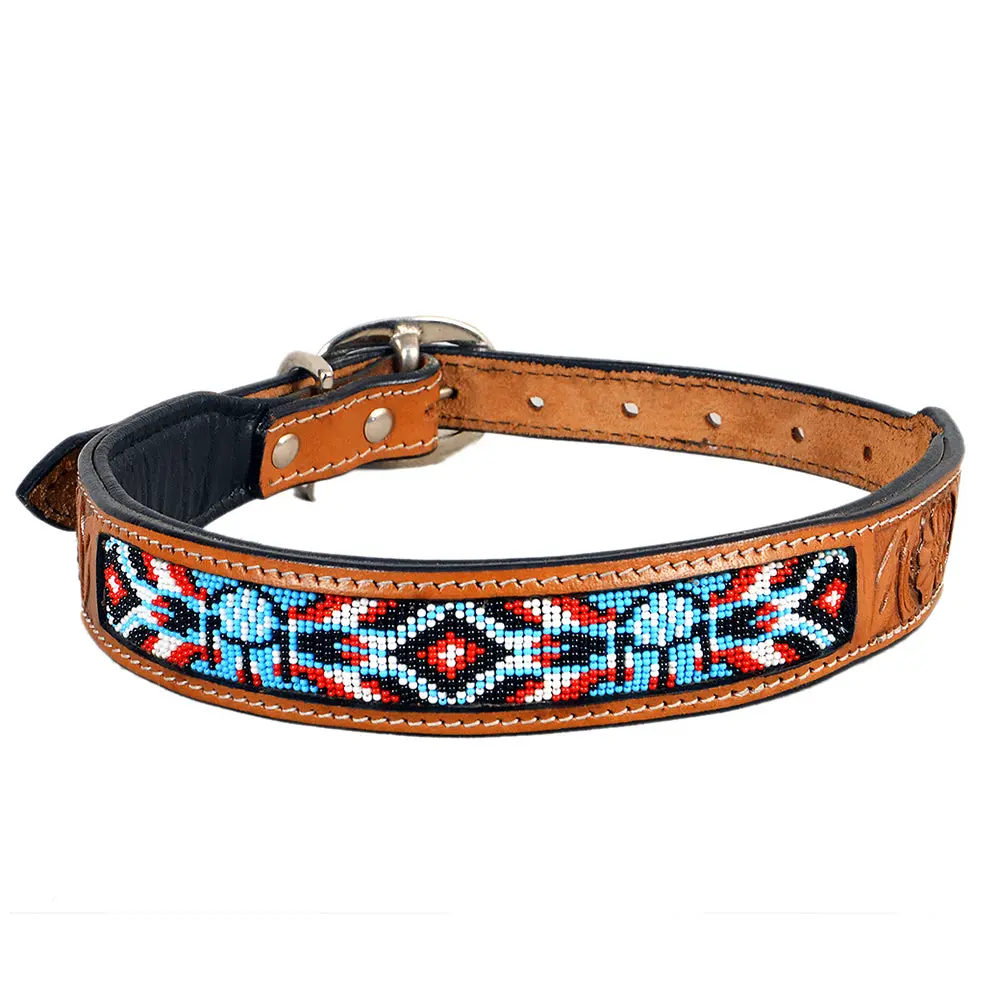 Hilason Western Style Beaded Hand Tooled American Leather Pet Dog Collar 1