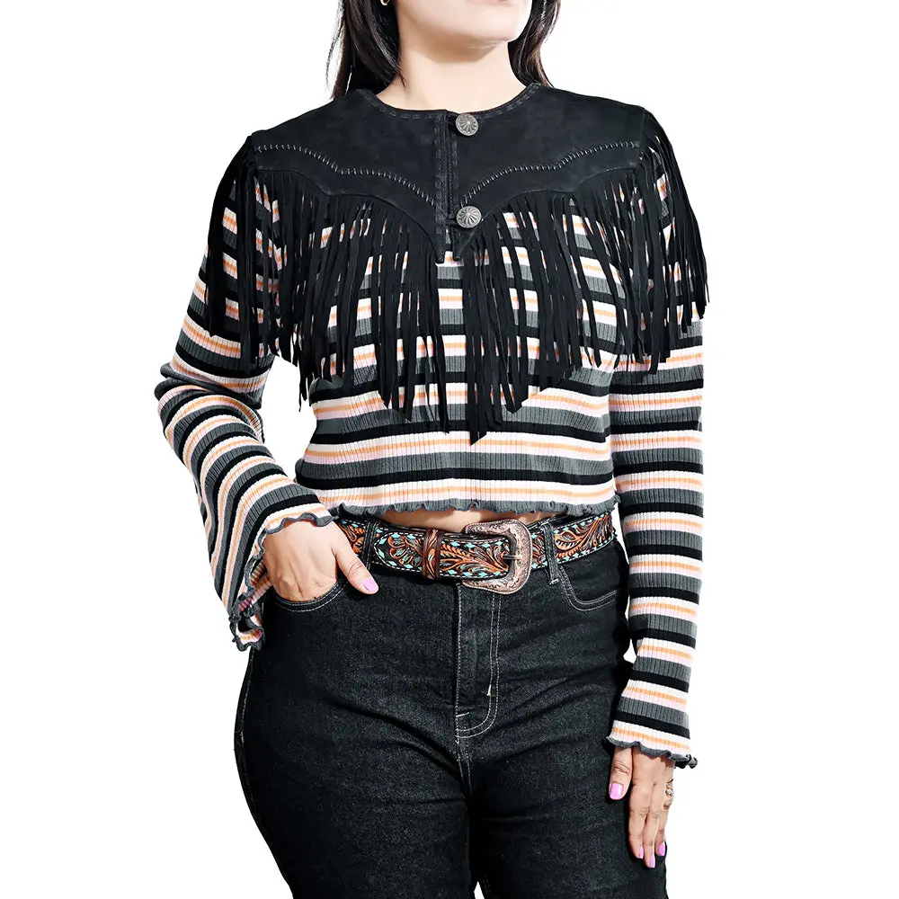 American Darling Women’S Genuine Suede Leather Fringe Vest - Western Cropped Cowgirl Yoke Black Boho Fringe Cape 1