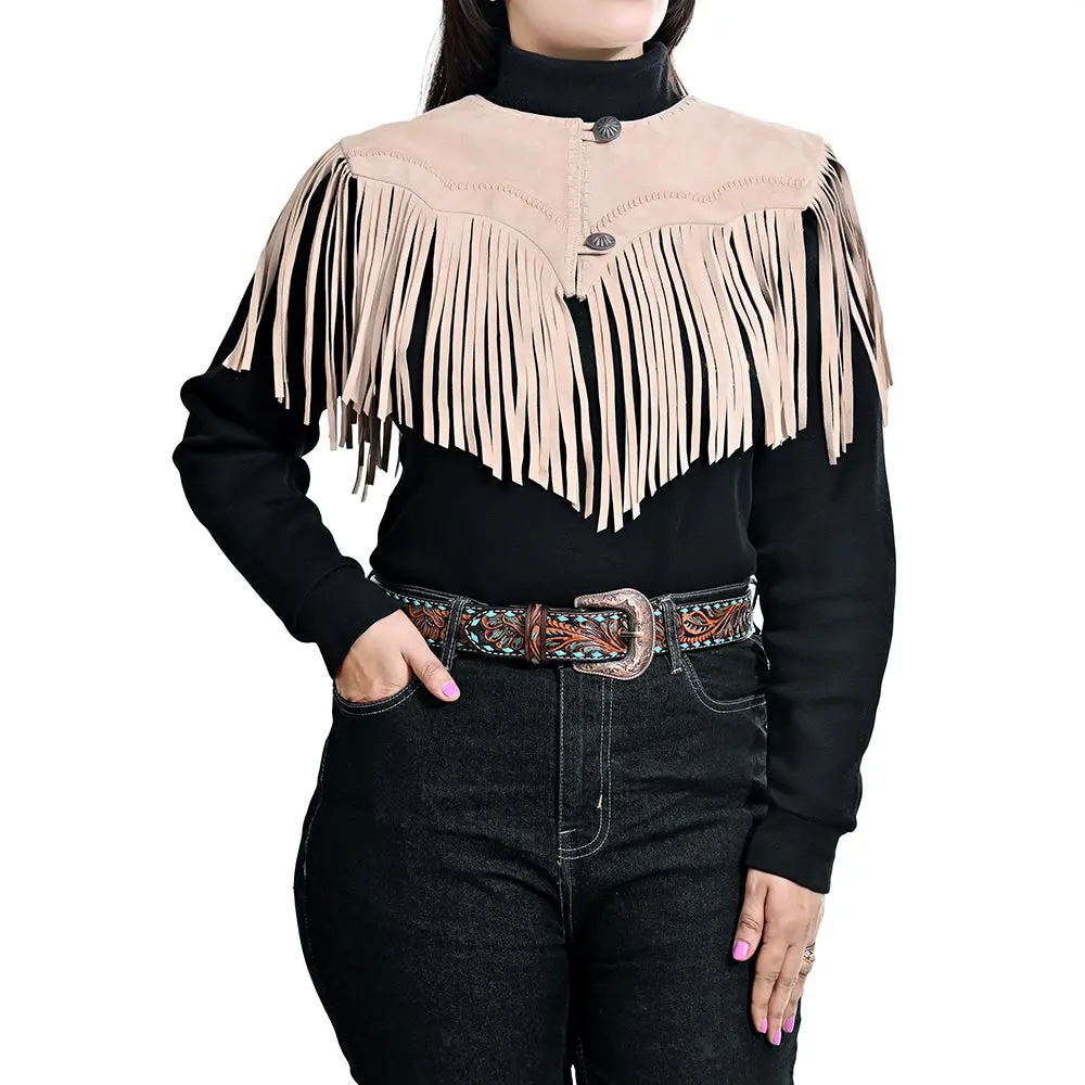 American Darling Women’S Genuine Suede Leather Fringe Vest - Western Cropped Cowgirl Yoke Tan Boho Fringe Cape 1