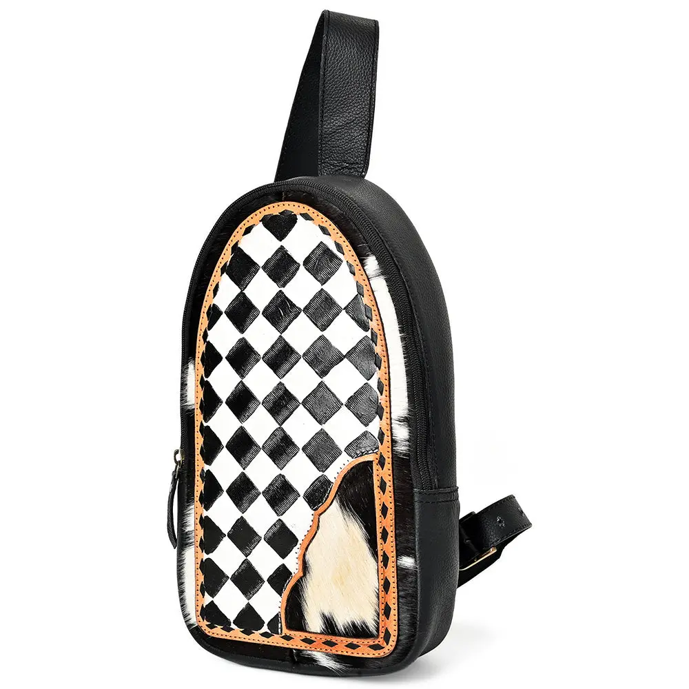 Ohlay Cowhide Sling Bag Black White Checkered Panel Top Grain Leather Backpack 1
