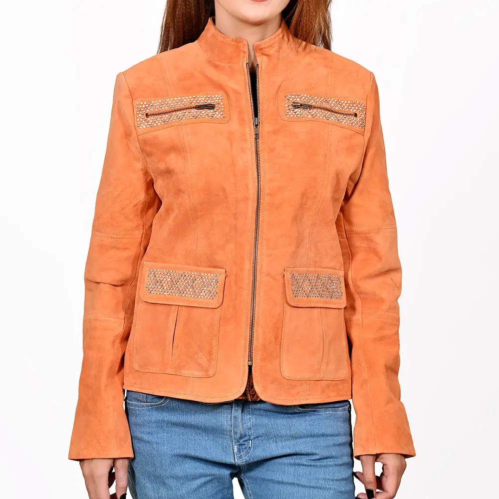 American Darling Women’S Suede Jacket Blazer Zip Front Studded Embellished Western Style Casual Coat Orange 1