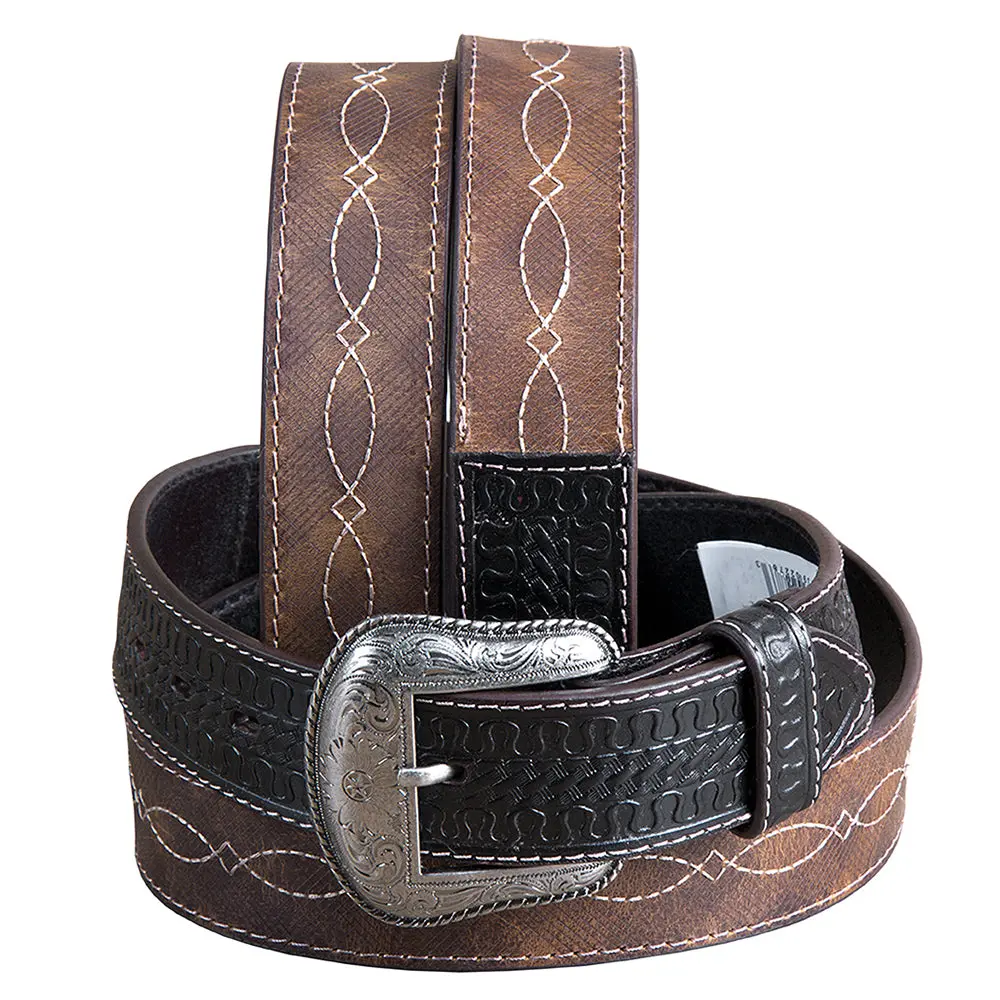 3D Belts Brown Western Leather Belt With Woven Inlay & Antique Silver Buckle 1