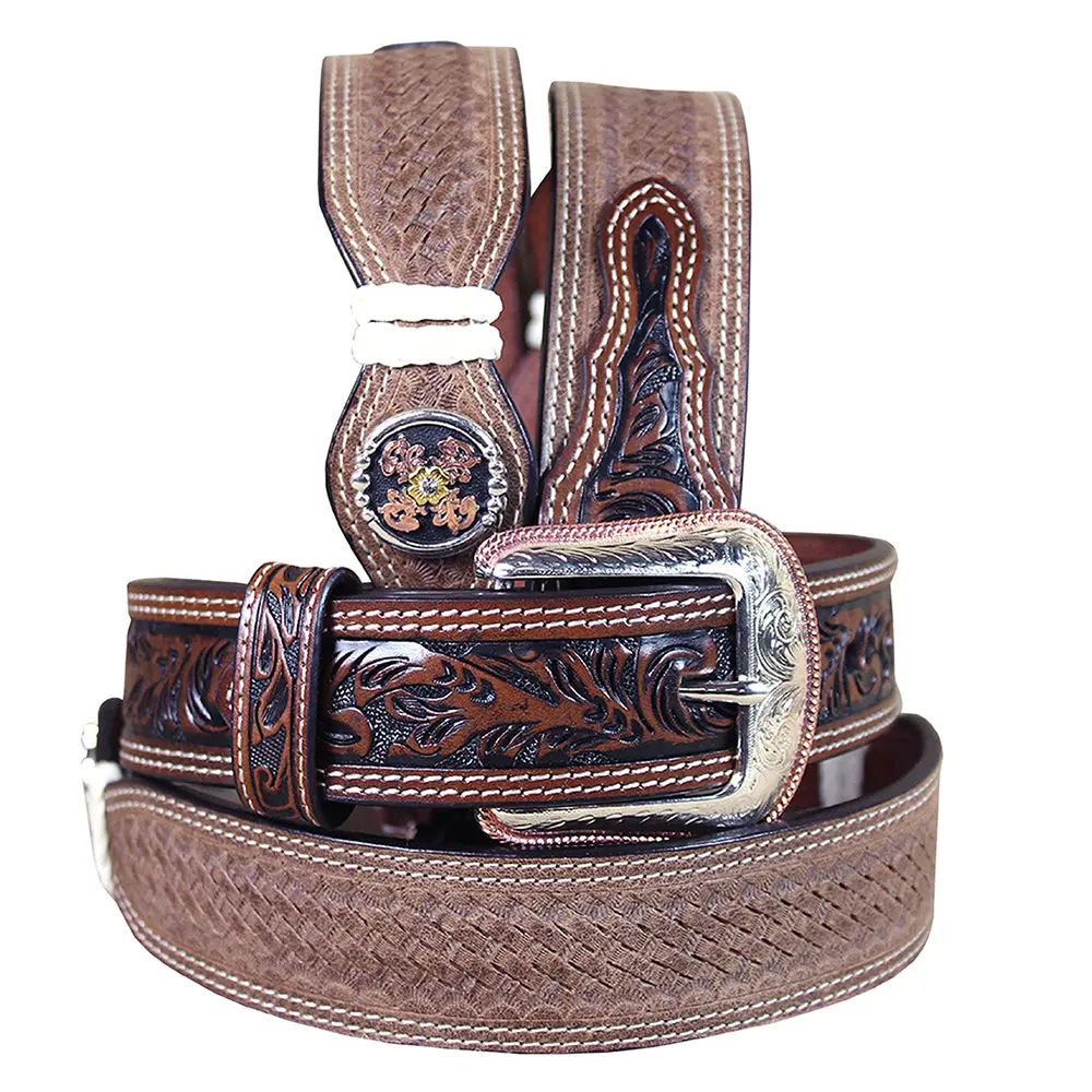 44 In 3D Belts 1 1/2 In Distressed Basket Weave Floral Leather Belt 1