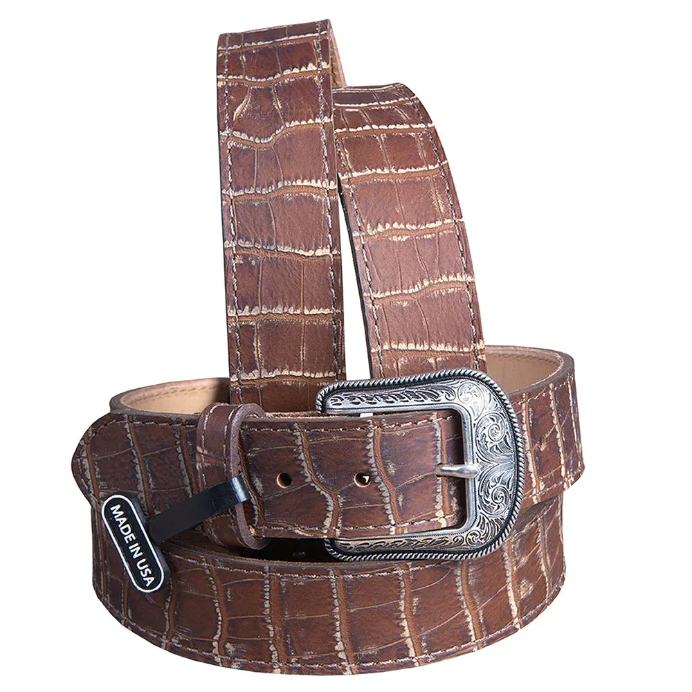 Vintage Brown Croc Print Leather Belt Single Stitch Engraved Silver Buckle 1