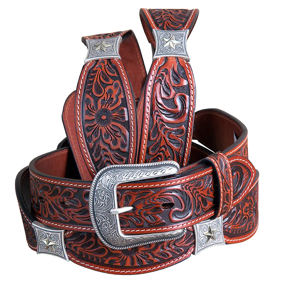 Cognac Brown Floral Embossed Full-Grain Leather Western Belt & Silver Buckle 1