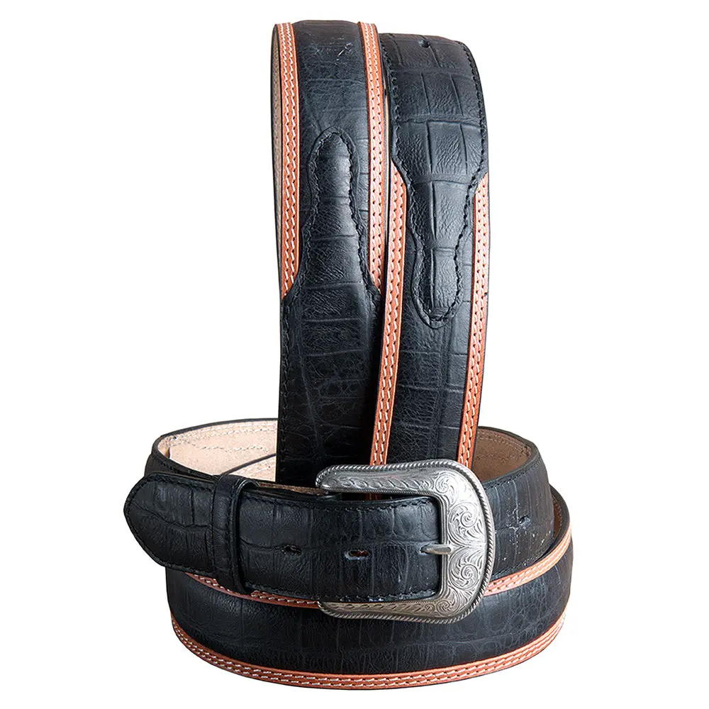 1-1/2" Black Croc Leather Western Cowboy Dress Belt Engraved Silver Buckle 2