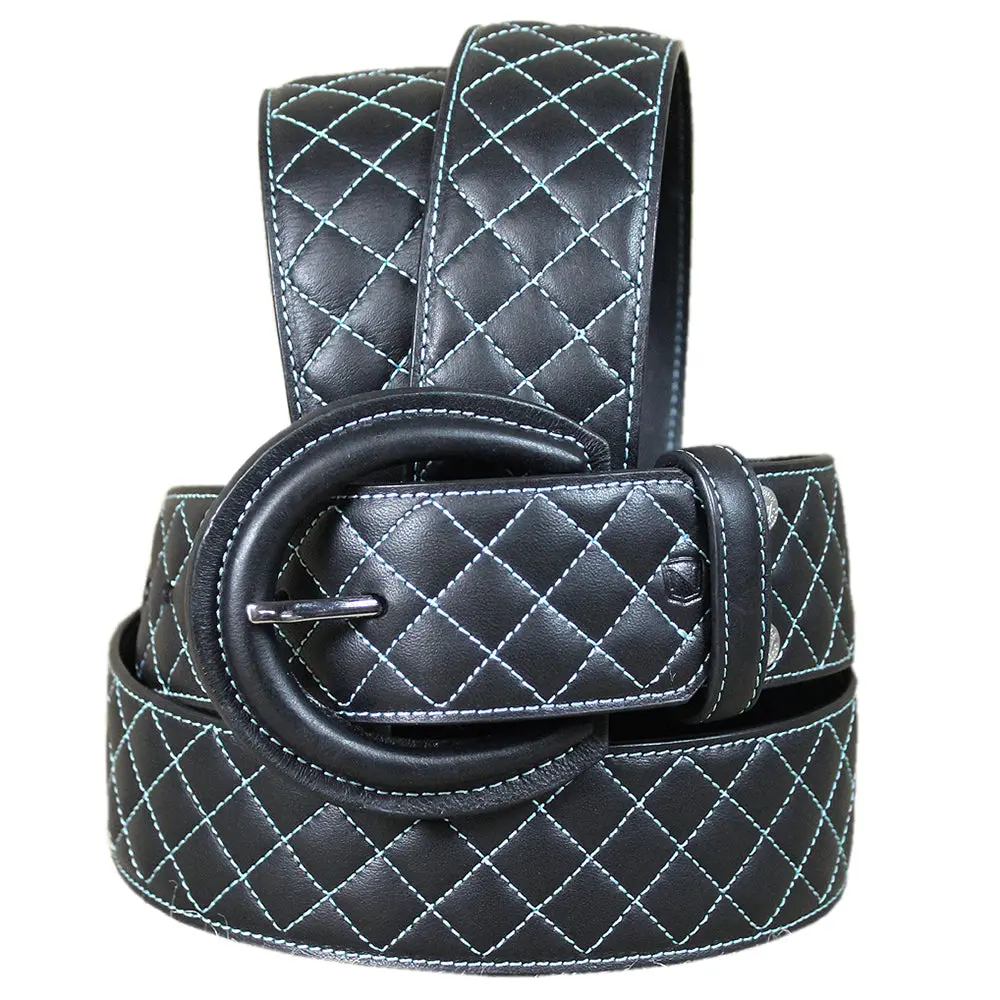 Noble Equestrian Classic Quilted Belt  2" Wide Full Grain Leather Contrast Stitching & Brass Hardware 1