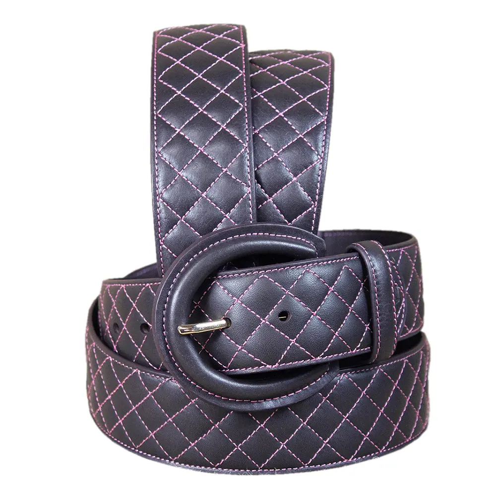 Noble Equestrian Classic Quilted Belt  2" Wide Full Grain Leather Contrast Stitching & Brass Hardware 1