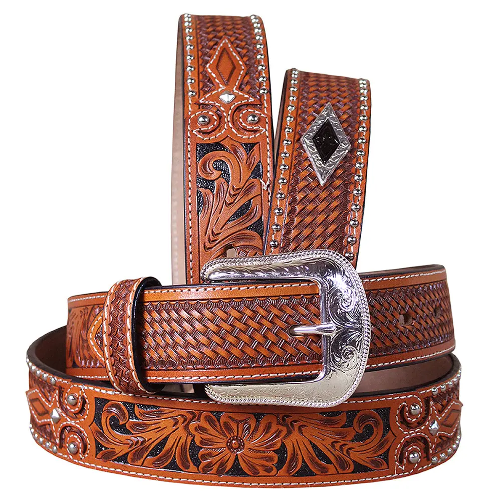 3D Western Men's Hand Tooled Full-Grain Leather Belt With Removable Buckle 1