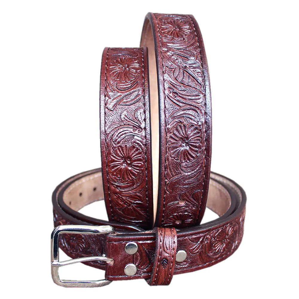 Hilason Western Genuine Leather Hand Tooled Floral Carved Unisex Belt Mahogany 1