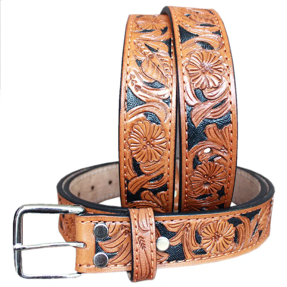 46 In Hilason Western Genuine Leather Hand Tooled Floral Carved Unisex Belt Tan 1