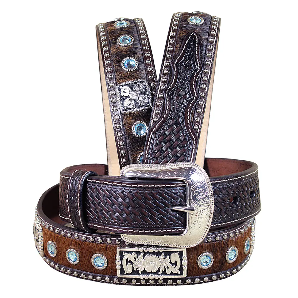 Dark Brown Tooled Leather & Hair-On Belt Blue Crystals Basketweave Silver Buckle 1