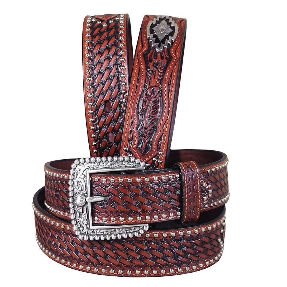 Ariat Men Full Grain Leather Western Belt Hand Tooled Basketweave Concho Accents 1