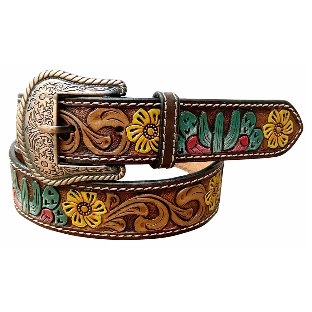 Bar H Equine Brown Floral Sunflower Cactus Hand Painted Genuine Leather Men & Women Belt Unisex Western 1