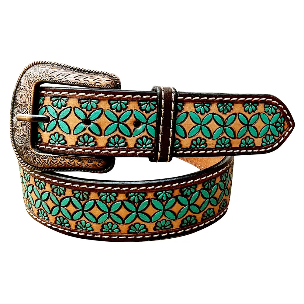 Bar H Equine Brown Turquoise Flower Hand Carved Fashion Premium Leather Belt Unisex Western 1