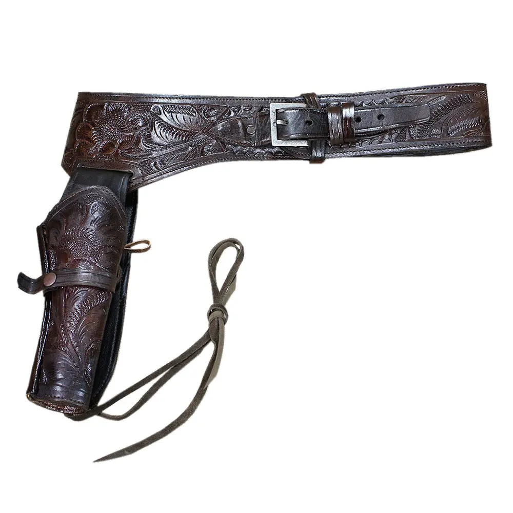 Hilason 46" Right Hand Tooled Leather Western Cowboy Gun Rig Holster Belt For .44 / .45 Caliber Revolver – Brown 1