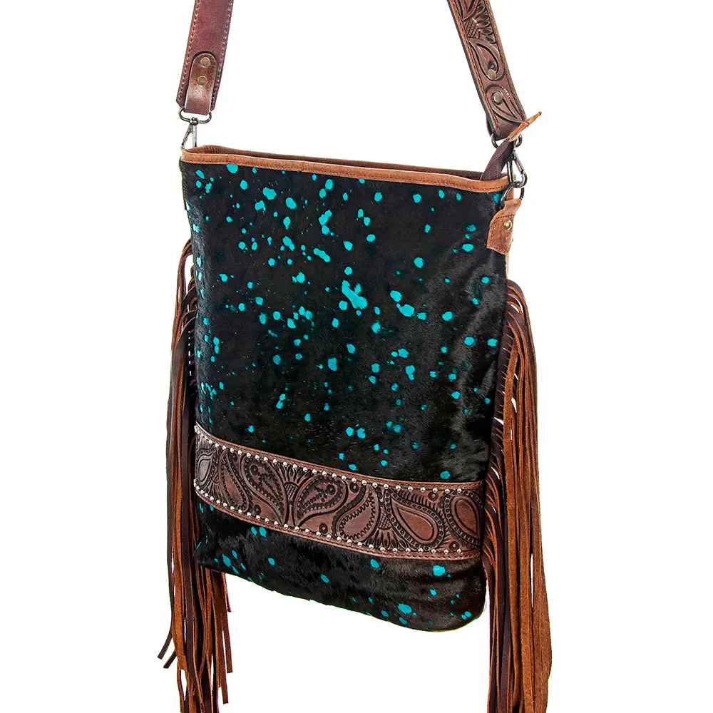 American Darling Large Cross Body Bag Hand Tooled Floral Carved Leather Hair-On Cowhide With Fringes 3