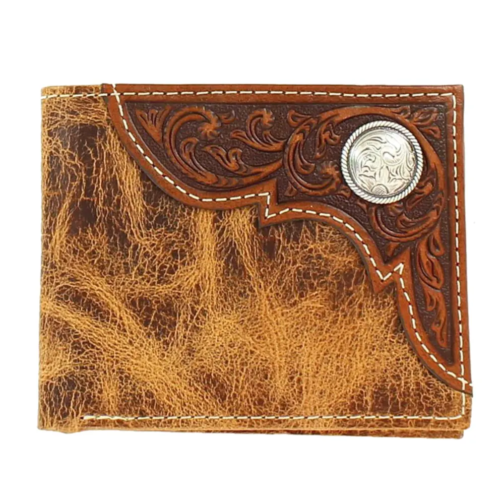 Ariat Men’S Distressed Leather Bi-Fold Wallet With Embossed Overlay & Concho 1