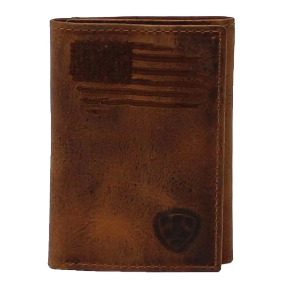 Ariat Men’S Distressed Usa Flag Trifold Leather Wallet 1