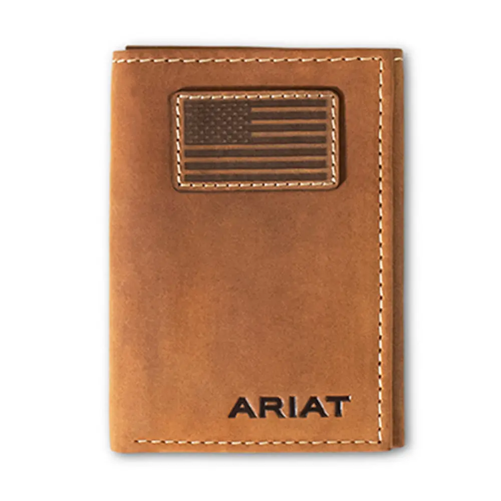 Ariat Men’S Distressed Brown Usa Flag Patch Trifold Wallet 1
