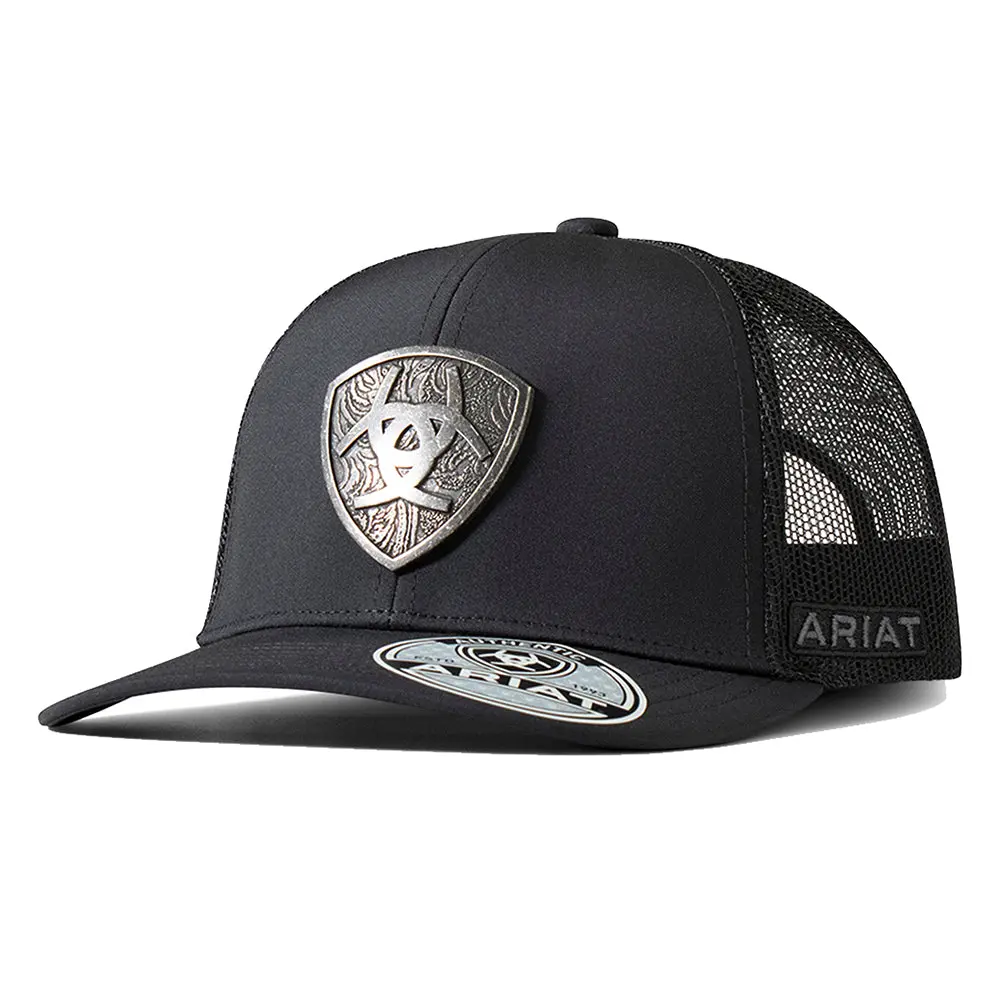 Ariat Men’S Metal Shield Trucker Cap Black Mesh Back Snapback Hat 1