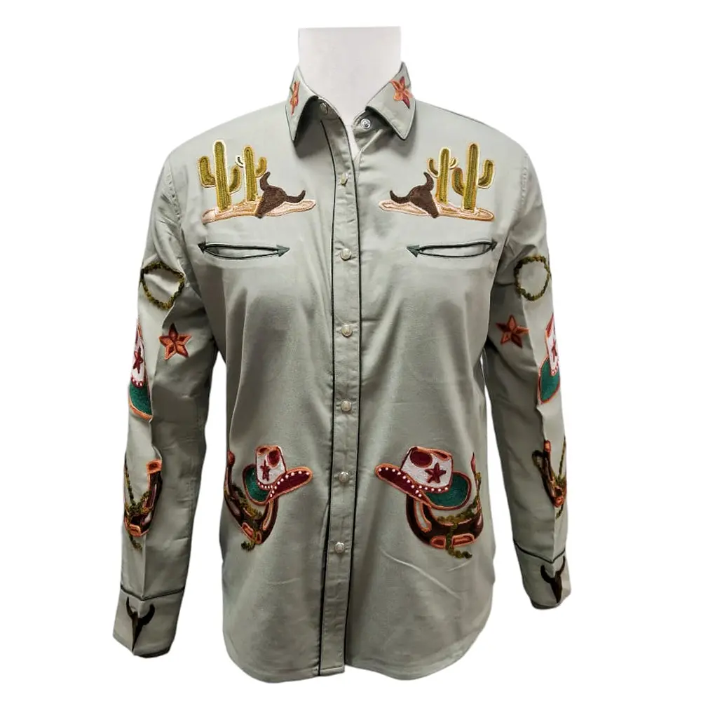 American Darling Western Apparel Shirt For Women Olive Green Cotton Lycra With Hand-Stitched Desert Cactus Embroidery 1