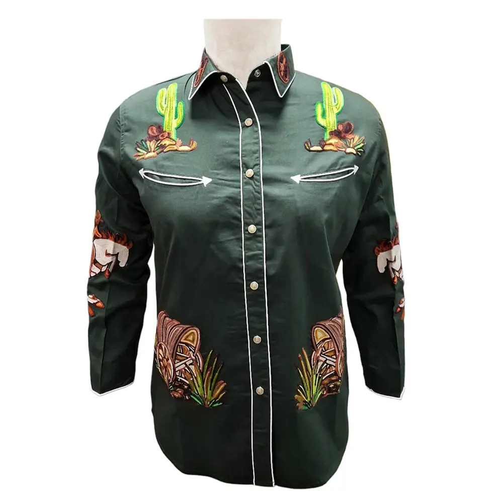 American Darling Western Apparel For Women Olive Green Cotton Twill Shirt With Hand-Stitched Bucking Horse & Wagon Embroidery 1