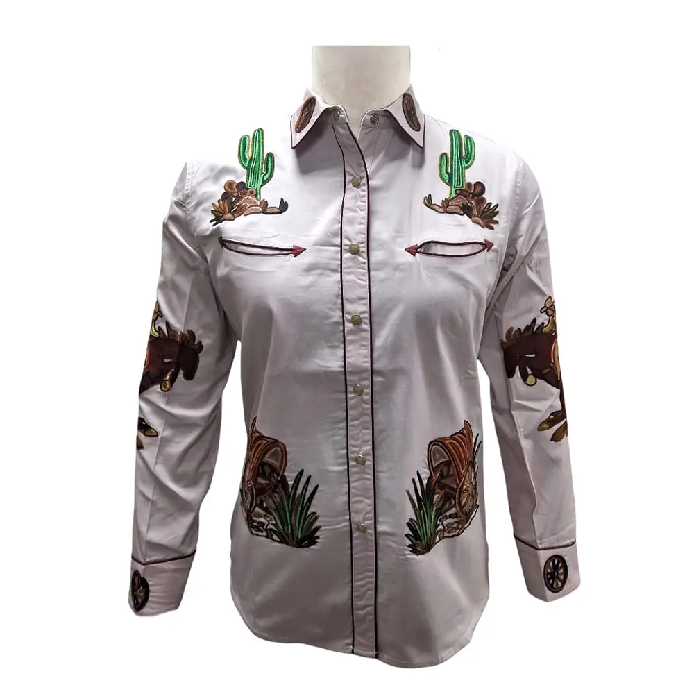 American Darling Western Apparel For Women Light Rosy Pink Cotton Twill Shirt With Hand-Stitched Bucking Horse & Wagon Embroidery 1
