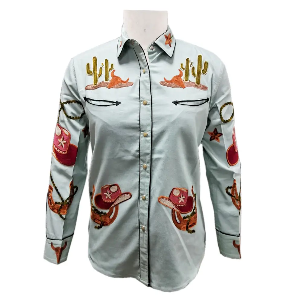 American Darling Western Apparel For Women Green Cotton Lycra Shirt With Hand-Stitched Cowboy Hat And Cactus Embroidery 1