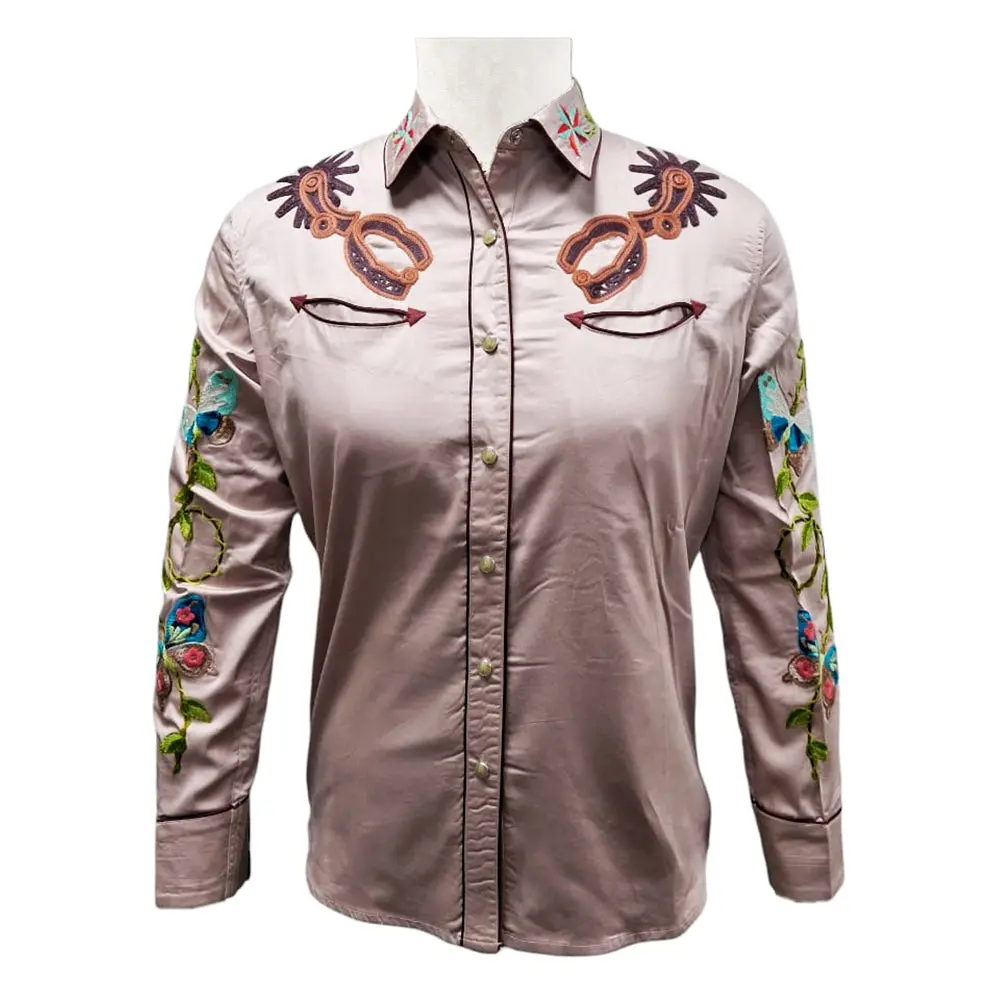 American Darling Western Apparel For Women Light Mauve Cotton Satin Shirt With Hand-Stitched Butterfly & Spur Embroidery 1