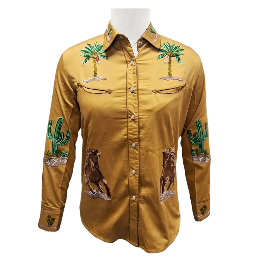American Darling Western Apparel For Women Mustard Cotton Satin Shirt With Hand-Stitched Horse And Cactus Embroidery 1