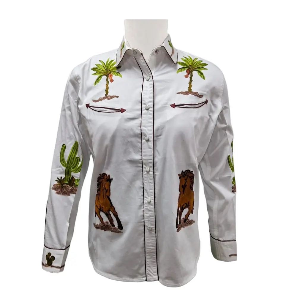 American Darling Western Apparel For Women White Cotton Satin Shirt With Hand-Stitched Horse And Cactus Embroidery 1