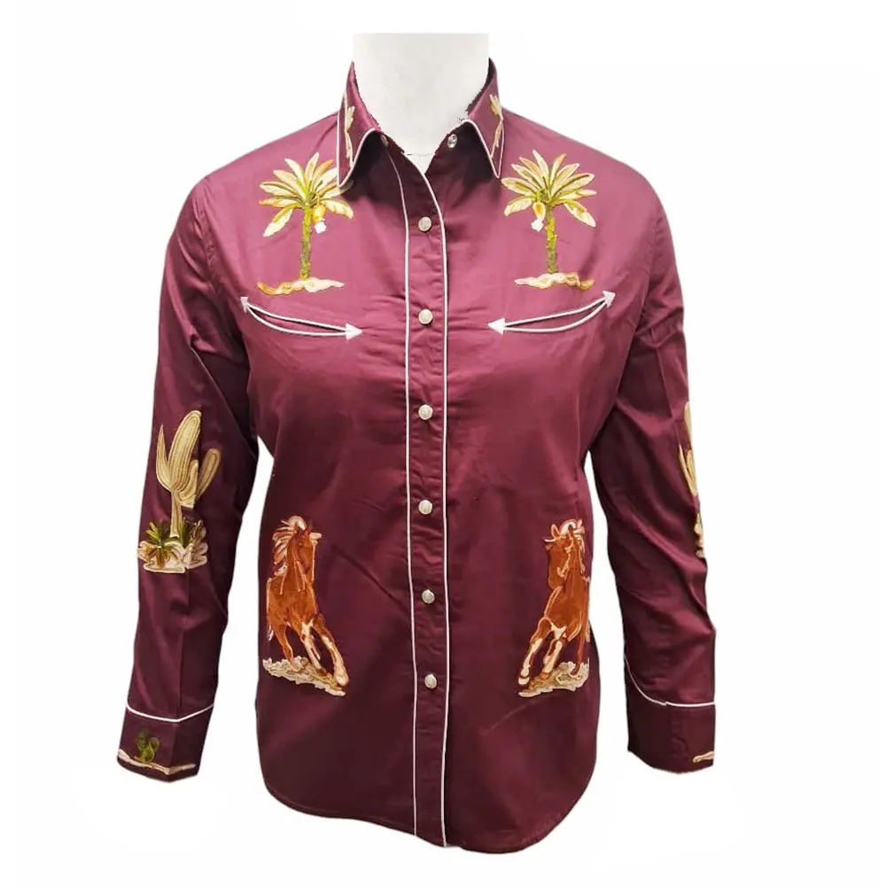 American Darling Western Apparel For Women Maroon Cotton Satin Shirt With Hand-Stitched Horse And Cactus Embroidery 1