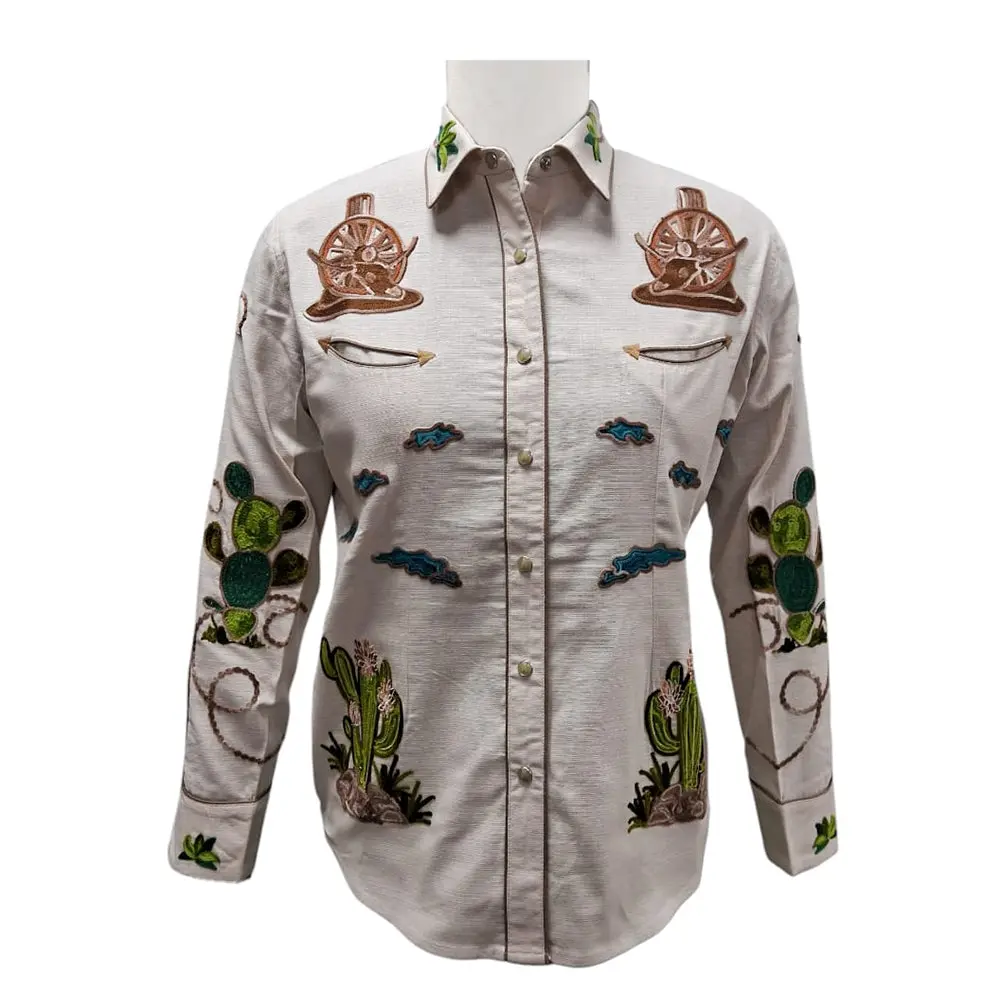 American Darling Western Apparel For Women Light Beige Cotton Linen Shirt With Hand-Stitched Wagon Wheel & Cactus Embroidery 1