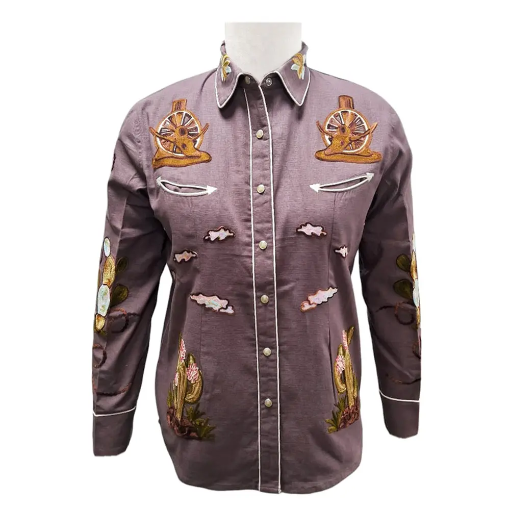 American Darling Western Apparel For Women Plum Cotton Linen Shirt With Hand-Stitched Wagon Wheel & Cactus Embroidery 1