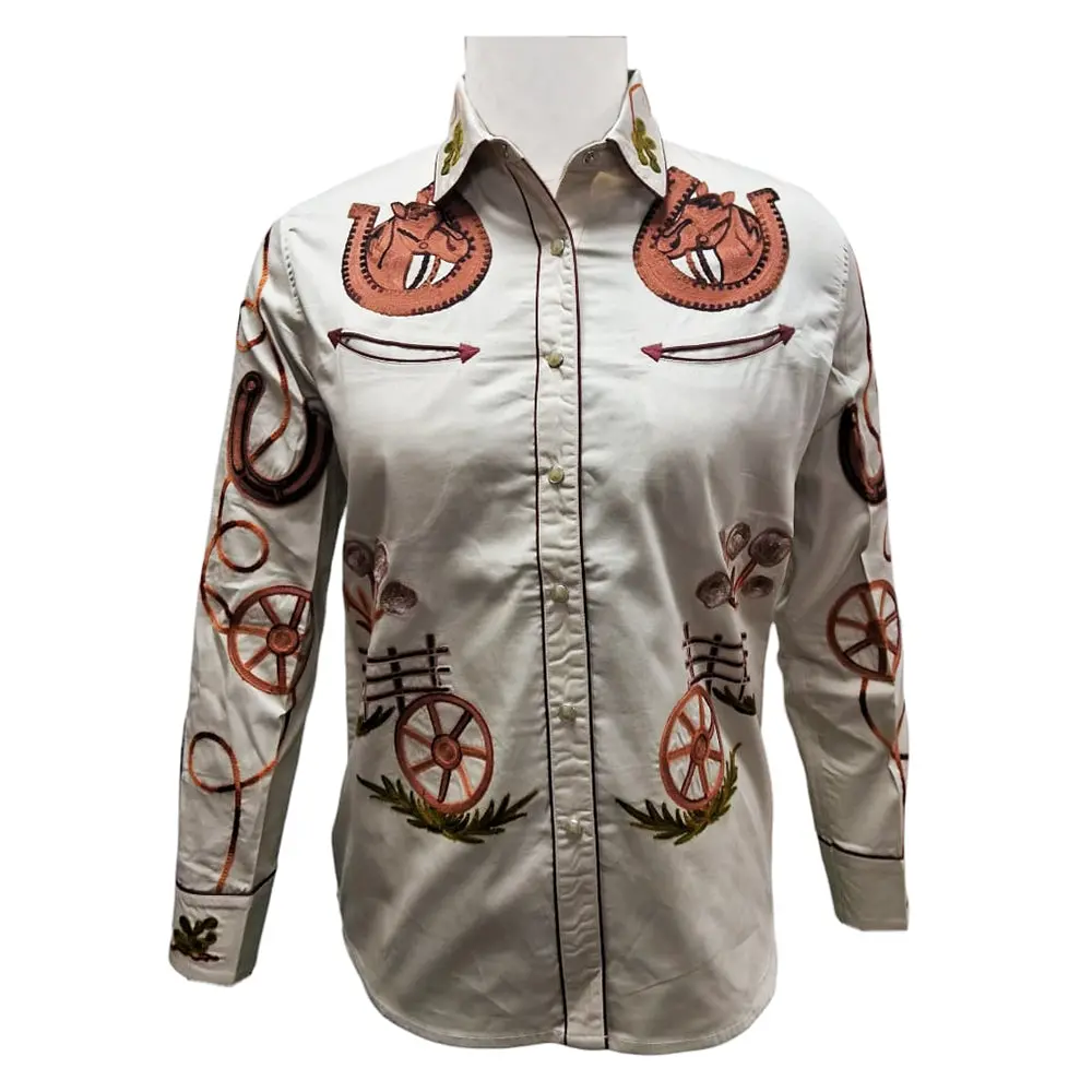 American Darling Western Apparel For Women Off White Cotton Twill Shirt With Hand-Stitched Cowboy Hat & Lasso Embroidery 1