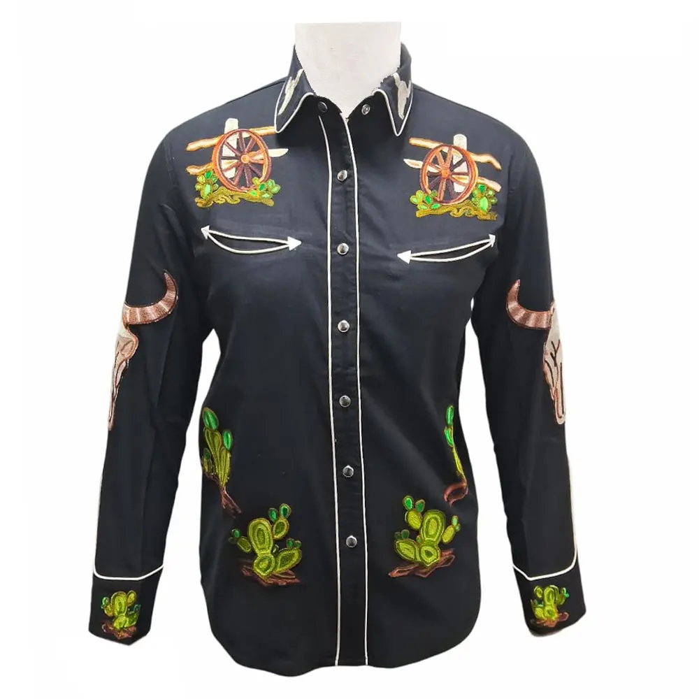 American Darling Western Apparel For Women Black Cotton Lycra Shirt With Hand-Stitched Wagon Wheel & Cactus Embroidery 1