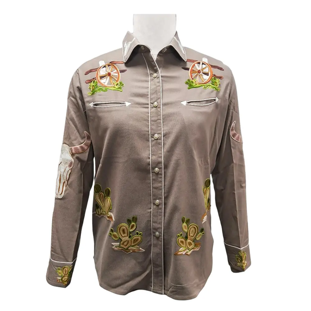 American Darling Western Apparel For Women Taupe Cotton Lycra Shirt With Hand-Stitched Longhorn & Wagon Wheel Embroidery 1