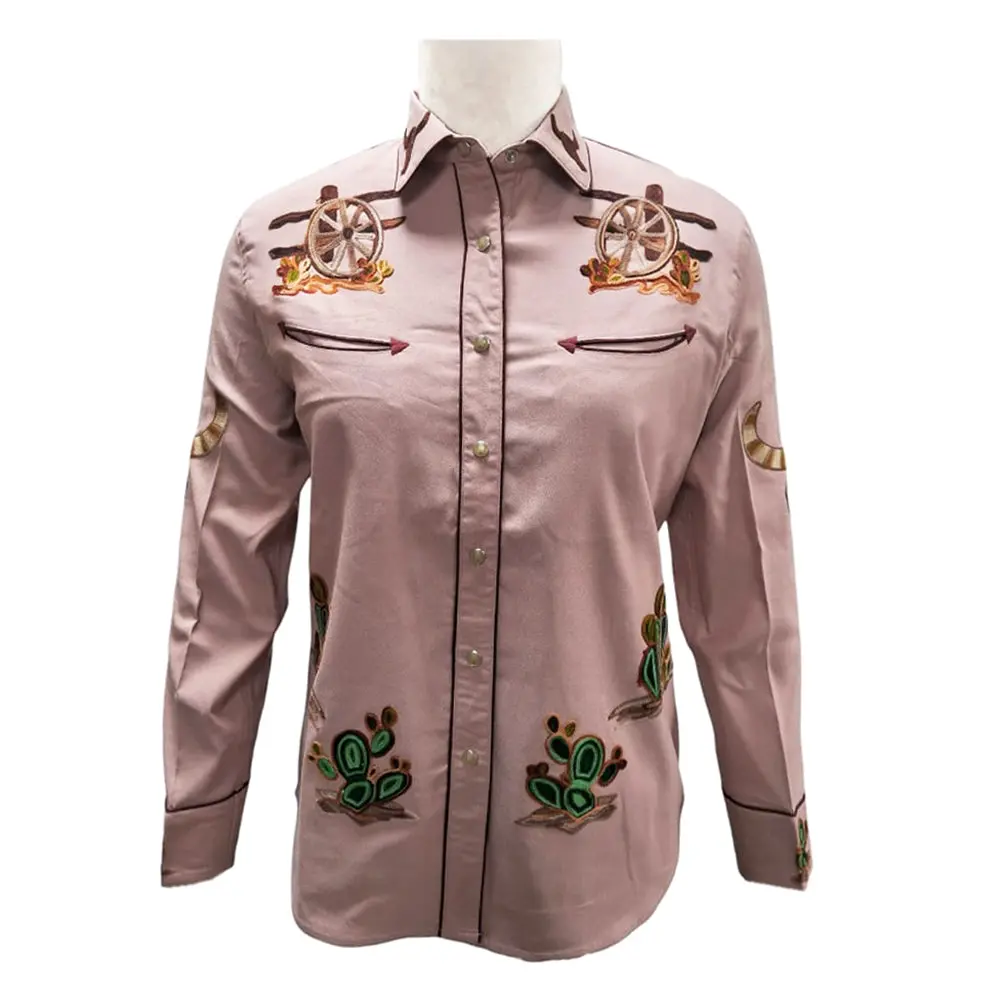 American Darling Western Apparel For Women Blush Pink Cotton Lycra Shirt With Hand-Stitched Cowboy Hat & Lasso Embroidery 1