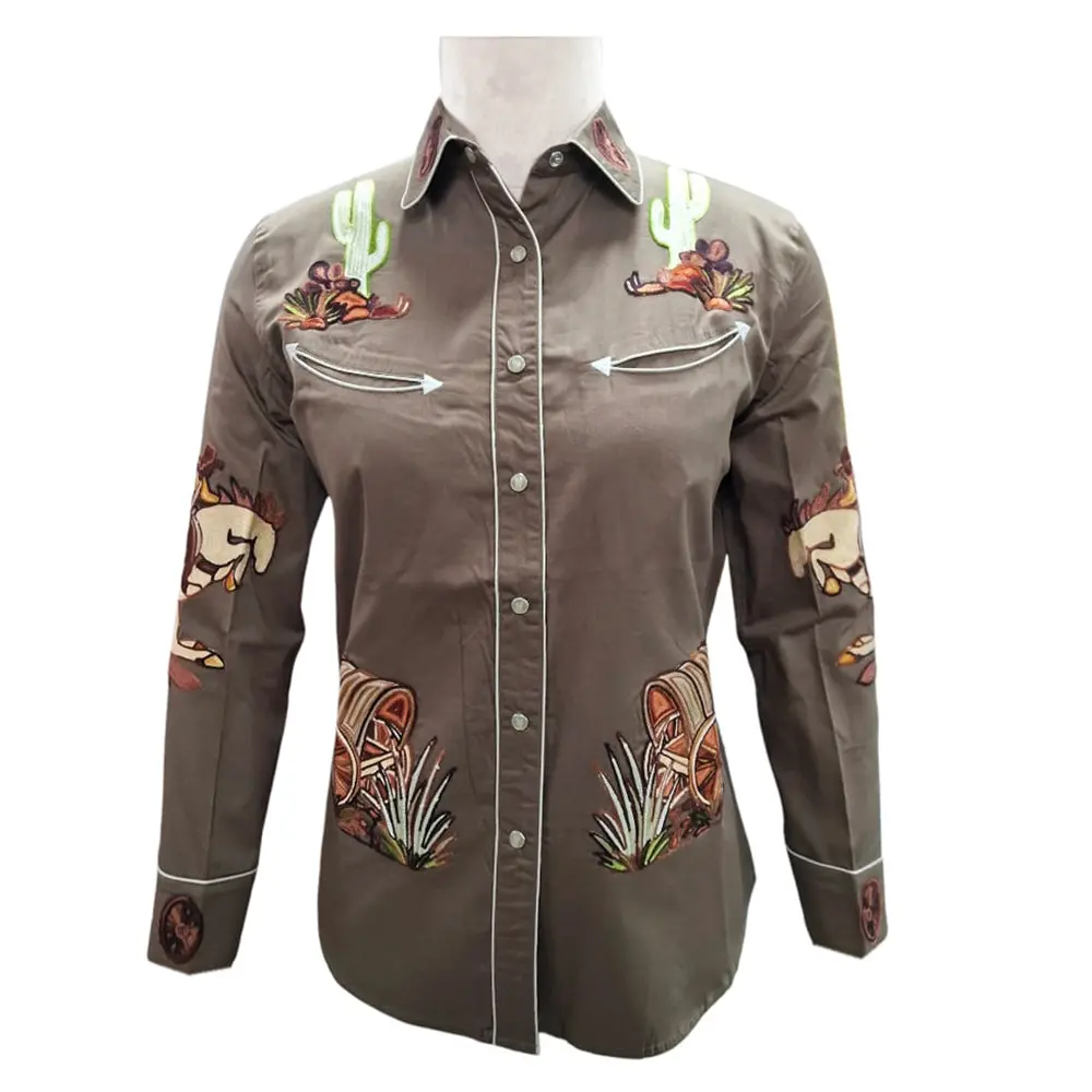 American Darling Western Apparel For Women Earth Brown Cotton Twill Shirt With Hand-Stitched Bucking Horse & Wagon Embroidery 1