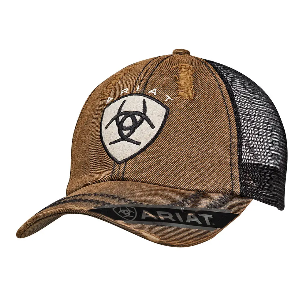 Ariat Men’S Distressed Oil Skin Trucker Cap Brown And Black Mesh Back Hat Vintage Style Embroidered Shield Logo 1