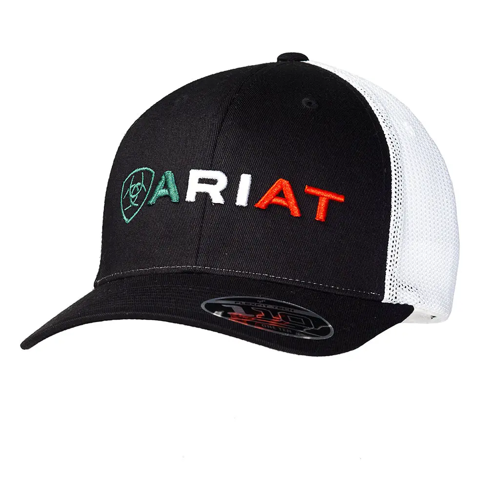 Ariat Men's Mexican Flag Colors Embroidered Snapback Cap, Black With White Mesh Back, 6-Panel Mid Profile 1