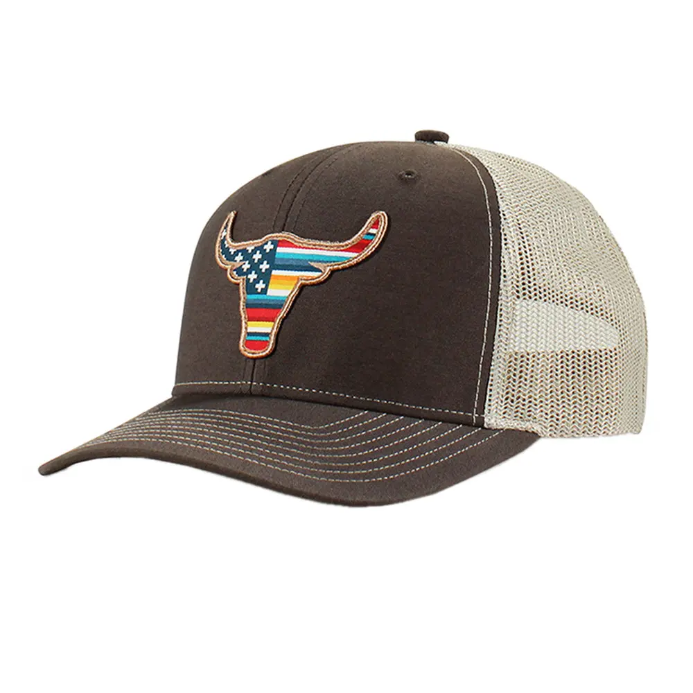 Ariat Men’S R112 Snapback Cap – Usa Flag Bull Embroidered Patch, Brown Front With Khaki Mesh Back, 100% Polyester 1
