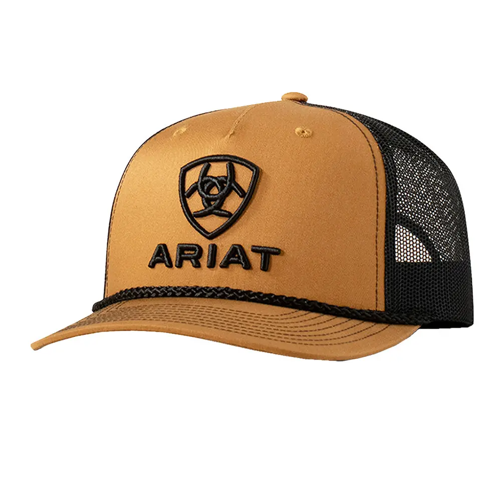 Ariat Men’S Tan 5-Panel Snapback Cap – 3D Embroidered Logo & Shield, Mesh Back 1
