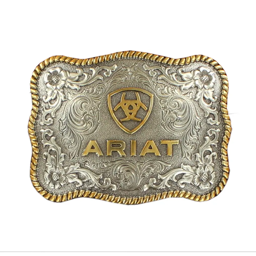 Ariat Men’S Two-Tone Scalloped Belt Buckle Gold & Silver Buckle Engraved Floral Twisted Rope Edge 1