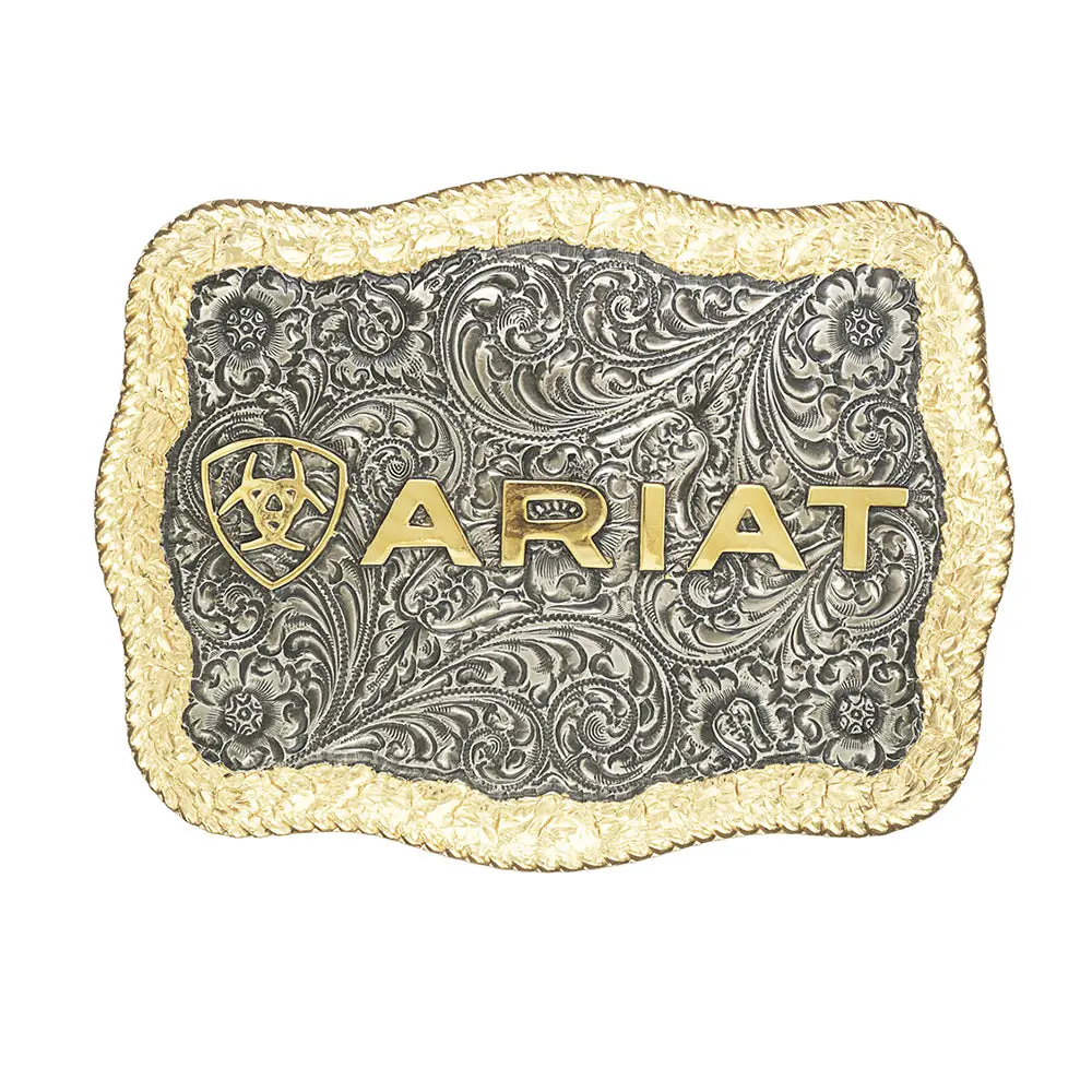 Ariat Men’S Large Two-Tone Rectangle Belt Buckle Antique Silver & Gold Finish Engraved With Shield Logo – 4-1/2" X 3-1/2" 1