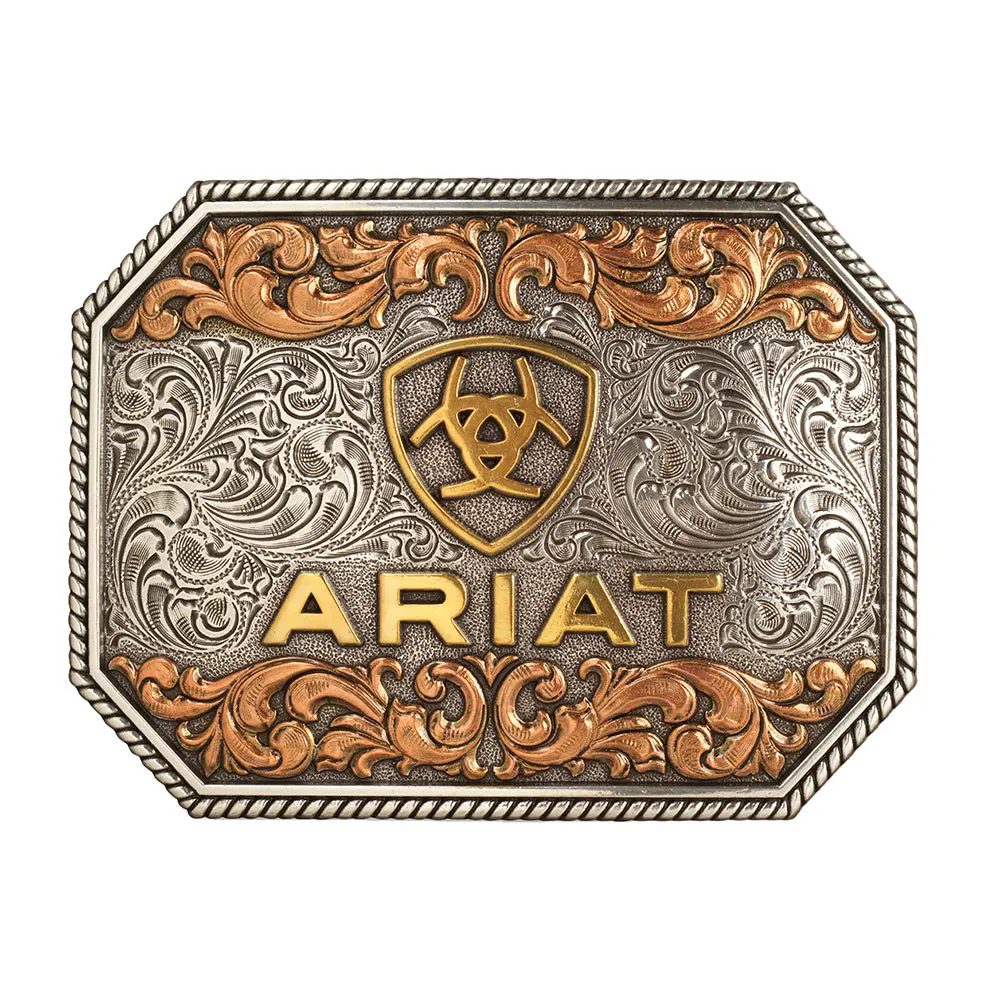 Ariat Men’S Raised Logo Antique Leaf Belt Buckle Multi-Tone Silver Gold & Copper Finish 4" X 3" Rectangle Trophy Buckle 1
